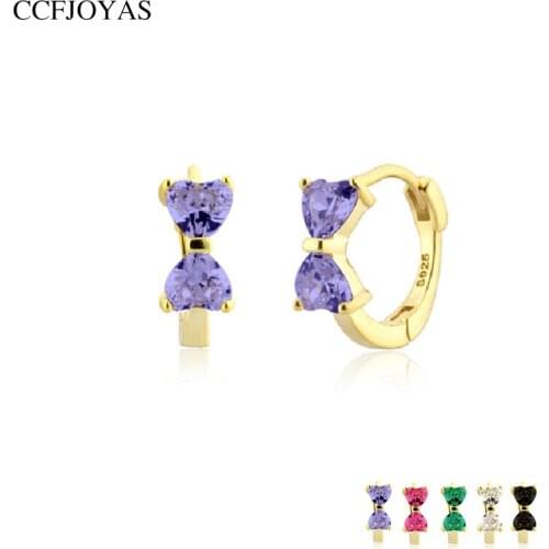 CCFJOYAS 925 Sterling Silver Two Heart Shaped White/Black/Purple Zircon Small Hoop Earrings Korean Style Bow-knot Earrings
