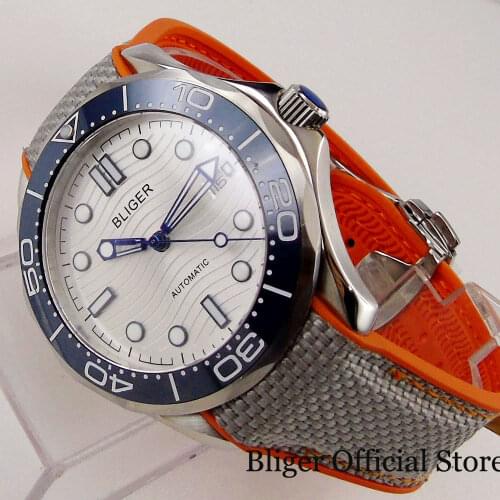 BLIGER White New Mechanical Automatic Men Watch Luminous Dial 24 Jewels NH35A Movement Rubber Band Screw Crown Slope Insert