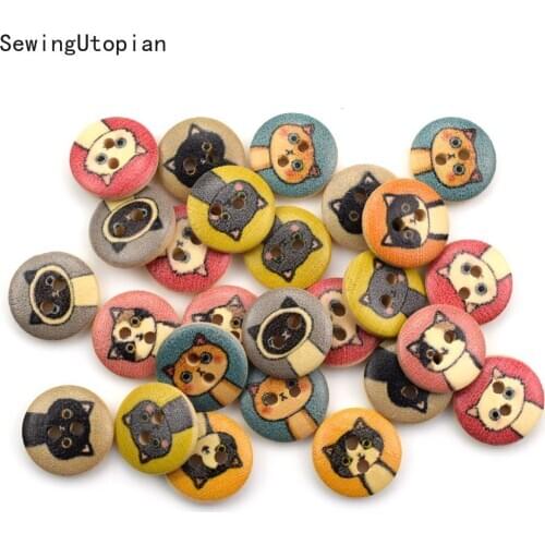 50PCS 15mm Round Wooden Buttons 2 Holes Lovely Cat Printed Wood Buttons for Clothing Scrapbooking Decoration