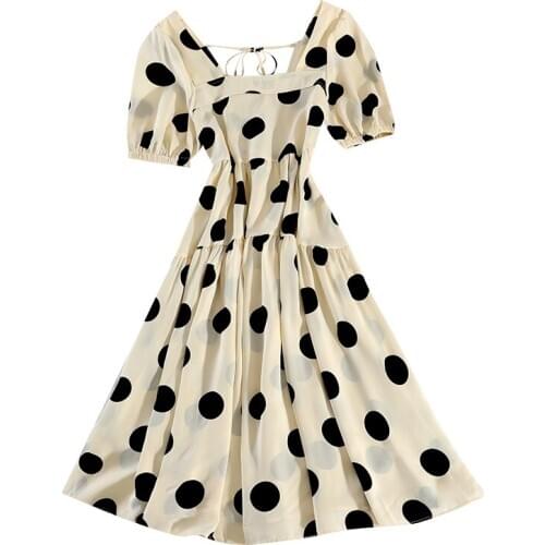Elegant Women Summer Square Collar Backless Bandage Strap Ruffles Dress Vintage Lady Elastic Slim Polka Dot Pullover Midi Dress