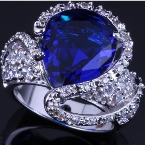Perfect Big Water Drop Blue Cubic Zirconia White CZ Silver Plated Ring V0570