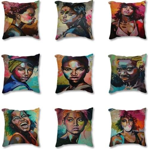 Creative Decorative Cushion African Woman Portrait Printed Linen Cotton Seat Cushion For Sofa Abstract Throw Pillow Home Decor