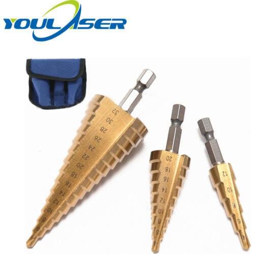 3Pcs Metric Spiral Flute Step HSS Steel 4241 Cone Titanium Coated Drill Bits Tool Set Hole Cutter 4-12/ 20/ 32mm
