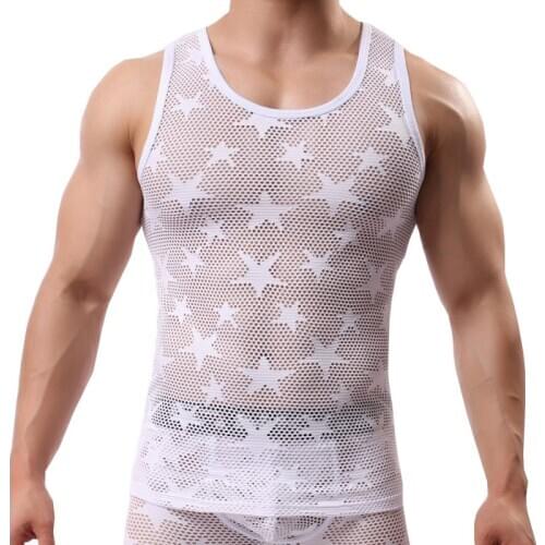Mens See Through Tank Top Pajamas Summer Sleepwear Mesh Tank Top Sexy Undershirt Net Star Print Breathable Bodybuilding Vest