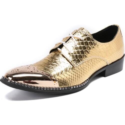 Gold Bright Snake Print Leather Men Dress Shoes Fashion Metal Square Toe Casual Flats Men Oxford Party Bullock Shoes