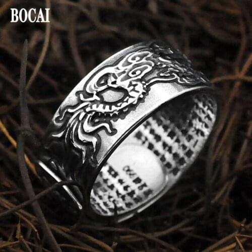 BOCAI New 2021 Trend Real S990 Pure Silver Domineering Auspicious Cloud Dragon Pattern Ethnic Style Retro Heart Sutra Man Ring