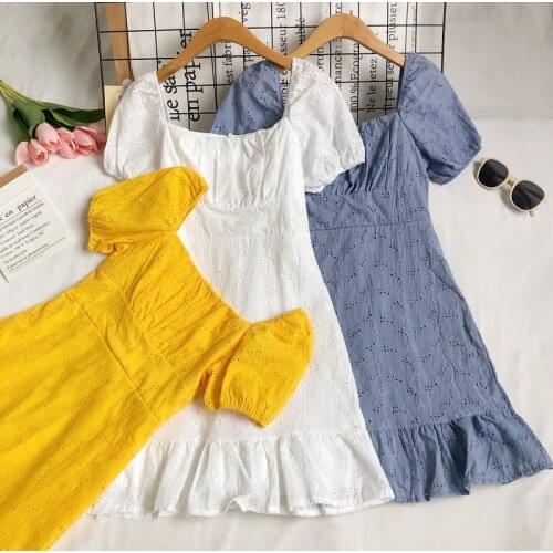 2021 summer new ladies retro square collar embroidery hollow fold short-sleeved slim ruffle dress women