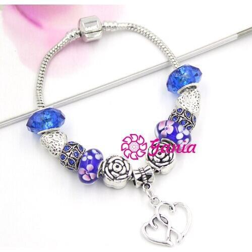 New Arrival Valentine Heart Charms European Style Navy Blue Flower Lampwork Murano Glass Bead Bracelet for Women Bijoux Pulsera