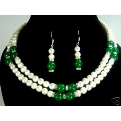 New Style Hot sale*2 color- 2 row 7-8mm white pearl & green/red stone necklace earring set Fashion Wedding Party Jewellery