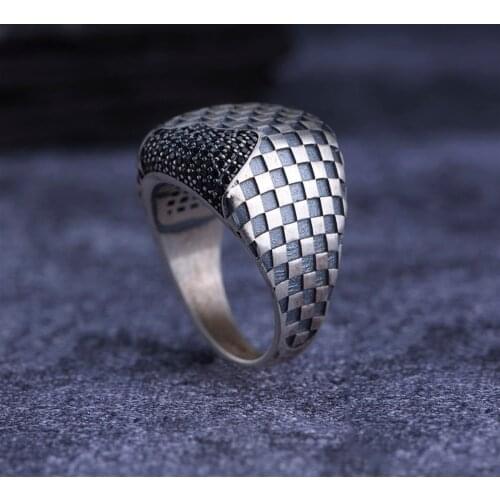 Dark Zircon 925 Sterling Silver Special Craft Engraved Traditional Handmade Turkish Signet Ring Jewelry Gift for Women Men