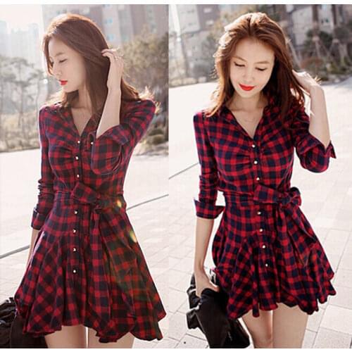 Sexy Autumn Winter Women Red Retro Long Sleeve High Waist Double Layer Mini Dress Plaid Dress