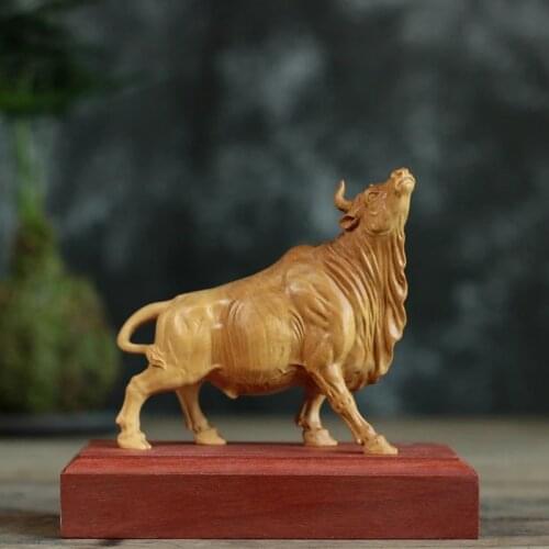 Boxwood 10cm Bull Sculpture Chinese Zodiac Wood Carving Ox Animal Statue Lucky Rich Cattle Home Decor