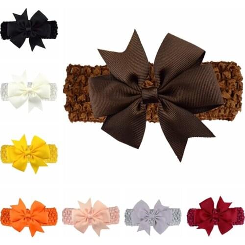 Solid Color Handmade Knitted Wide Hairband Newborn Infant Grosgrain Ribbon Bowknot Headband Children Bows Headwear Birthday Gift