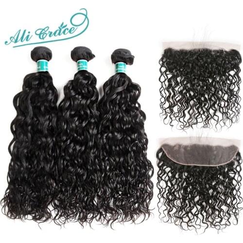 Ali Grace Hair Brazilian Water Wave 3 Bundles with Frontal 100% Remy Human Hair 13*4 Free Middle Part Ear to Ear Lace Frontal