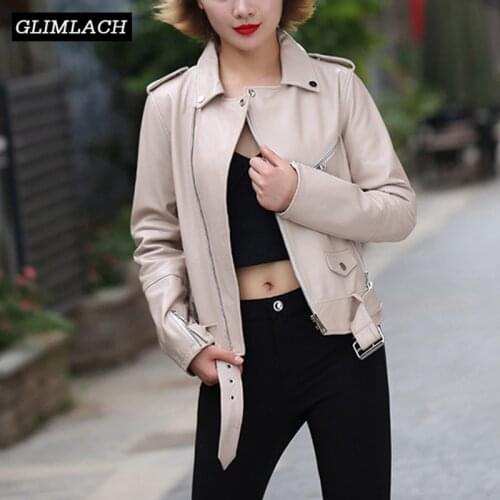 2020 New Women Motorcycle Real Leather Jacket Motorcycle Lambskin Genuine Leather Slim Short Coat Ladies Streetwear With Belt