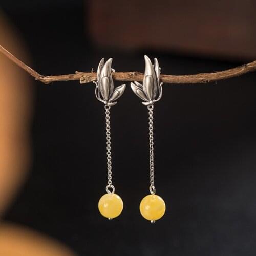 Authentic 925 Silver Natural Vivid Butterfly Long Earrings For Women Elegant Insect Amber Earrings Daily Jewelry