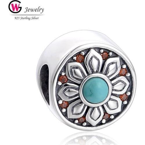 Trendy Women Beads Charm Pendants 925 Silver Red Zircon CZ Fit For Bracelet Jewelry Flower Print
