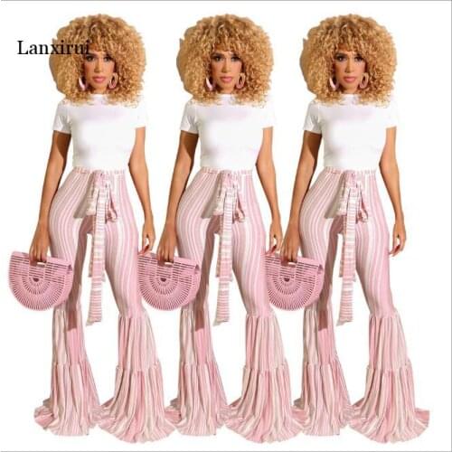 Striped Pink Ruched Flare Pants Women High Waist Sashes Lace Up Bell Bottom Trousers Streetwear Causal Plus Size Long Joggers