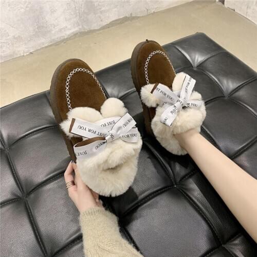 Bow Snow Boots for Women Fashion Plush Warm Winter Boot Women Flats New Ankle Boots with Fur Loafers Round Toe Furry Boots