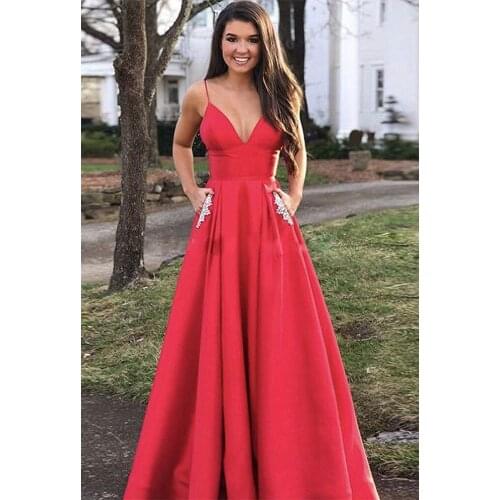 Womens Long Spaghetti Straps V Neck Beaded Satin A-line Ball Gown Prom Dress with Pockets vestidos de fiesta فساتين السهرة
