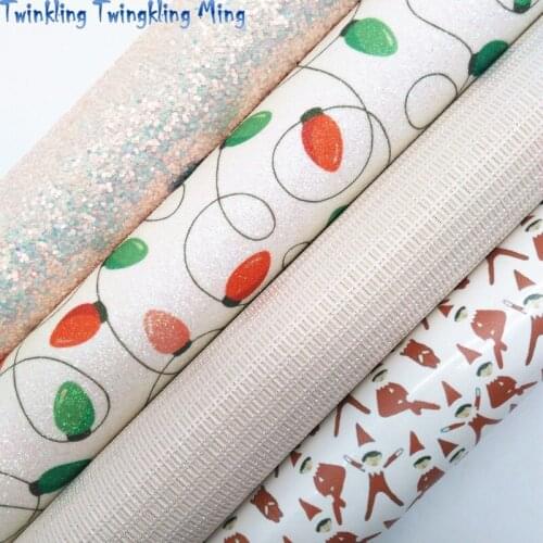 Beige Glitter leather, Elf Printed Synthetic Leather Faux Fabric Sheet For Bow 21x29CM Twinkling Ming KM361