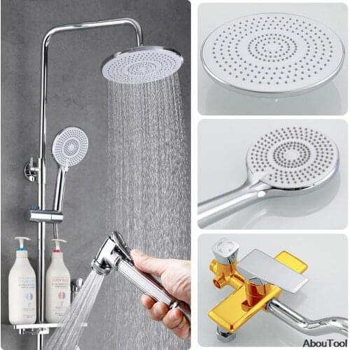 Bath Shower Thermostatic Shower System Faucet Chrome Rainfall Bathtub Tap With Bathroom Shelf Water Flow Produces Electricity