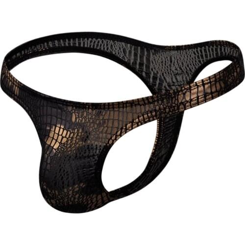 Gay Mens Sexy Underwear Faux leather Snake Print Thong Underpants Soft Polyester Briefs Panties Sissy Lingerie for Men стринги