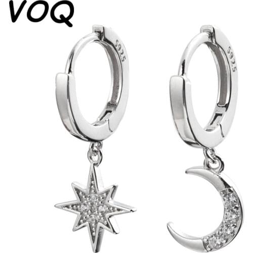VOQ 925 Sterling Silver Hot Fashion Zircon Moon Star Hoop Earrings for Women 2021 Best Christmas Gift Jewelry