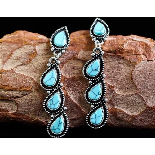 Classic Women Water Drops Earring Vintage Blue Color Turquoises Long Drop Earring Bohemian Handmade Fashion Jewelry