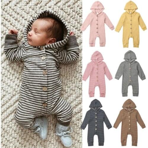 Newborn Baby Kids Boy Girl Autumn Winter Hooded Striped Romper Jumpsuit Clothes Outfits