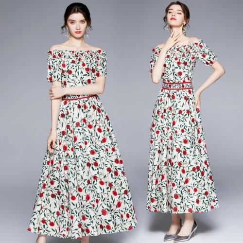 Summer New Womens Clothing off-Neck Short Sleeve Waist-Controlled Slim Fit Large Swing Fashion Printed Long Dress