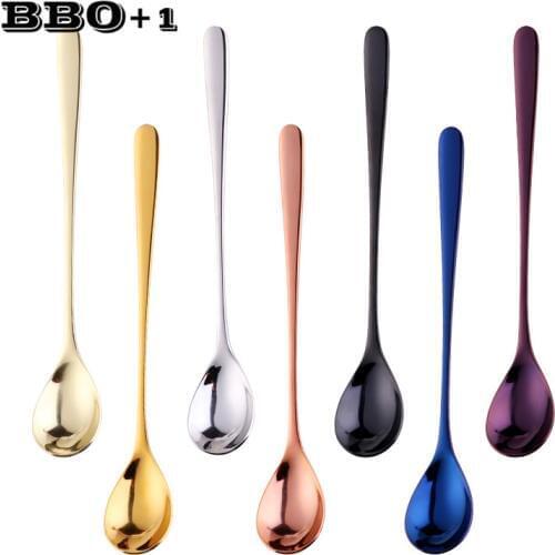 Long Handle Ice Spoon Rose Gold Coffee Spoon Black Stainless Steel Tea Spoon Fruit Mixing Stirring Cold Drink Dessert Spoon 8