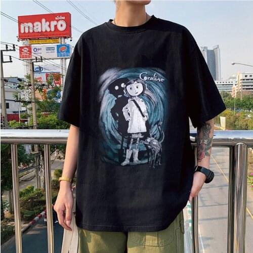 Trend Tee Coraline T -Shirts Tim Burton Neil Gaiman Nightmare Before Christmas Goth Dark Men T Shirts Summer Style Fashion Swag