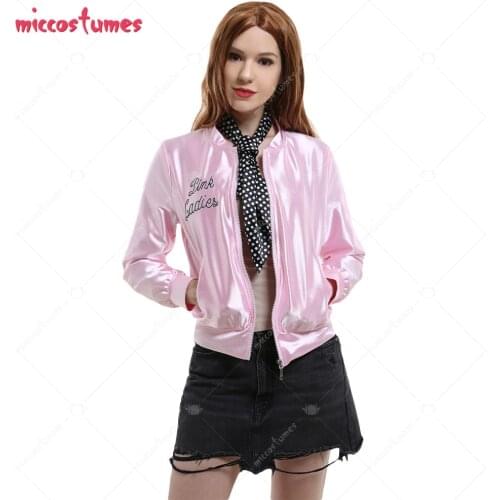1950s Pink Lady Daily Wear Character-Emroidered Zipper-Worn Shiny Coat Cosplay Costume Outfits with Scarf for Autumn Winter