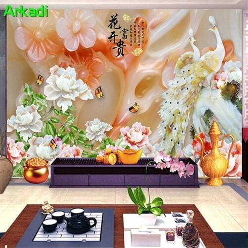 Custom 3D living room background wall paper wall painting Chinese three-dimensional jade carving blossom rich Peony Peacock