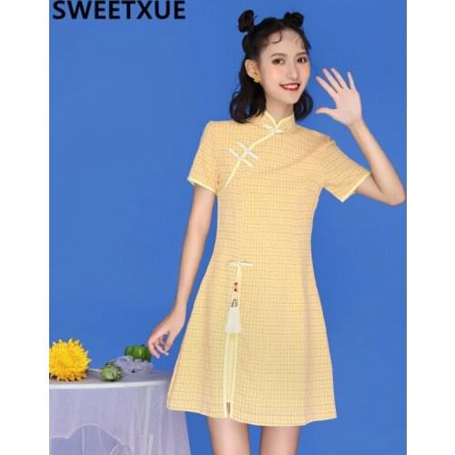 SWEETXUE Retro Pastoral Style Dress Chinese Style Young Modern Girl Cheongsam Simple Split Fringed A-line Dresses