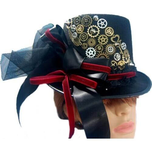 Men Women Retro Handmade Steampunk Top Hat With Gear Ribbon Lace Stage Magic Hat Performance Hat Steampunk Hat