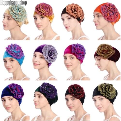 Vintage Women Big Flower Velvet Cap India Beads Turban Muslim Islamic Head Cover Wraps Hijab Cap Ladies Hair Loss Beanies Hat