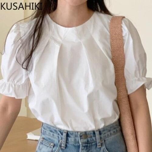 KUSAHIKI Causal O-neck Folds Women Top Blouse Korean Sweet Puff Sleeve Shirts Summer 2021 New Solid Blusas De Mujer 6H865