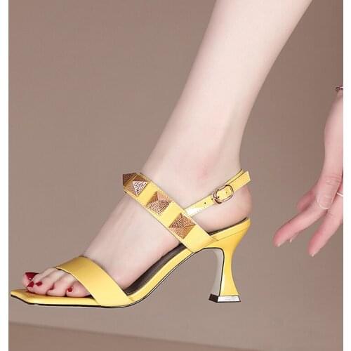 QZYERAI 2021 Summer Genuine Leather Sandals Women High Heels Sexy Rivet Fashion Party Wedding Shoes 100% Cowhide