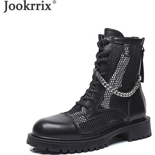 Women Boots 2021 Summer Fashion Shoe Genuine Leather Lady Mid Calf Thick Sole Rome Casual Breathable Platform Chain Hollow Black