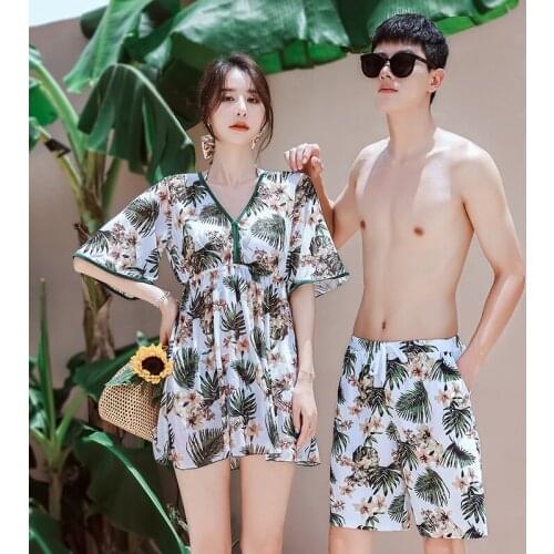 2021 Summer New Fashion Couple Swimsuit Floral Print Sexy V Neck Short Sleeve Swimwear Women 3 Piece Bikini Set Men Beach Pants