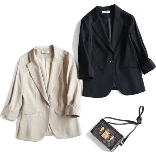 Cotton Linen Blazers Women Lapel Seven-point Sleeves Slim Jacket Womens 2020 Spring New Temperament Stitching Suit Female Z1020