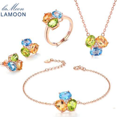 LAMOON Fine Jewelry Set Natural Gemstone Yellow Citrine Green Peridot Blue Topaz 925 sterling-silver-jewelry Ring Earring V003-1