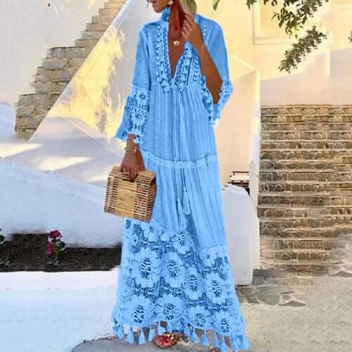 Bohemian Dress Women Summer Lace Tassel Long Dress V-neck Solid Color Party Maxi Dresses Long Sleeve Plus Size Beach Dresses