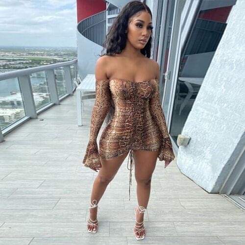 Fashion Streetwear Tie Dye Mini Dresses Sexy Leopard Print Bodycon Dress Off Shoulder Long Sleeve Women Fall Clothing