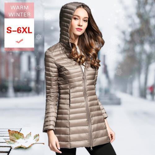 Winter Women Long White Duck Down Jacket Female Ultra Light Slim Thin Down Coat with Hooded Warm Casual Windproof Plus Size 6XL