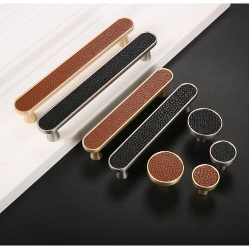 1Pcs Black/Brown Vintage Leather Handle Alloy Pull Single Hole/96mm/128mm Cupboard Door Drawer Cabinet Knob