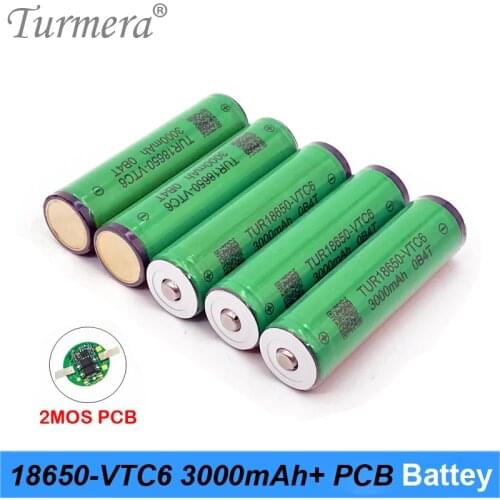 Turmera 18650 3000mAh VTC6 30A Battery TUR18650-VTC6 with PCB Protection Board for Flashlight and Headlamp Lithium Batteries Use