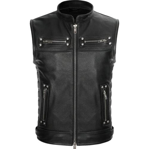 2021 New Cowskin Leather Rock Punk Vest Black Color Motorcycle Biker Waistcoat Genuine Leather Sleeveless Jackets